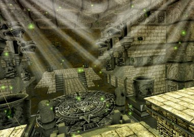 Maya taş takvimi ve heykeller ile bir fantezi tapınağın bir sahne. 