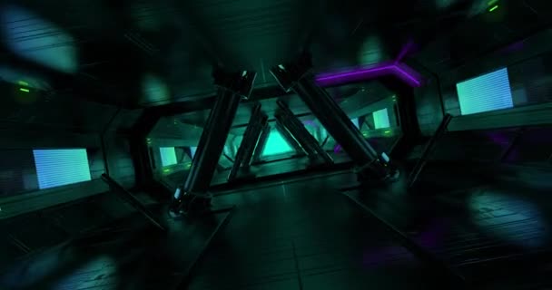 サイエンス フィクションの宇宙船の内部に回転カメラおよびライトの色の完全のアニメーション — ストック動画