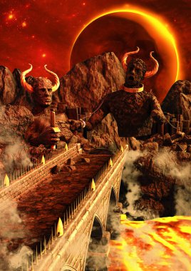 A scene with a hellish place, and a bridge which leads to a creepy horned statue. clipart