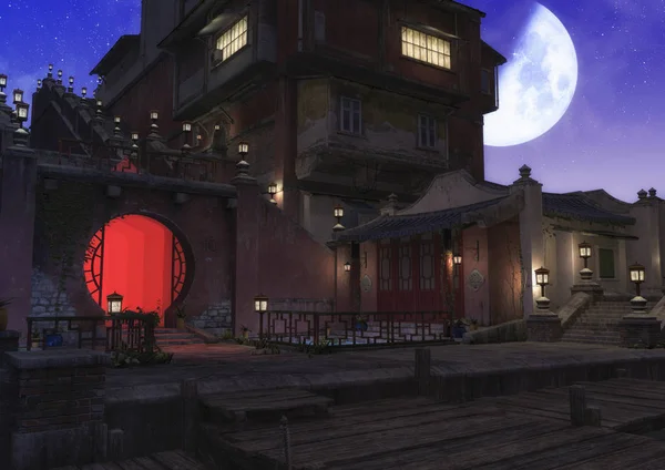 Una Escena Nocturna Barrio Asiático Lleno Lámparas Con Una Luna — Foto de Stock