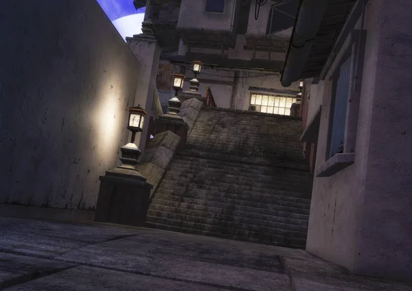 Una Escena Nocturna Barrio Asiático Con Una Escalera Piedra Lámparas — Foto de Stock
