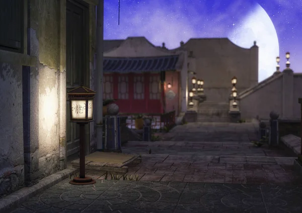 一个夜晚的场景 后面有一盏亚洲灯 一个模糊的小镇 — 图库照片