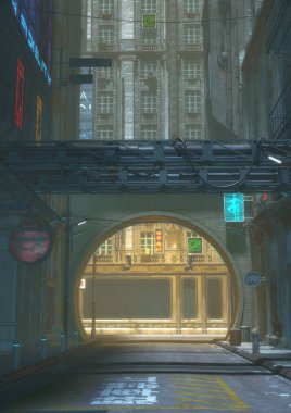 Cyberpunk street, flayers ve ışık dolu bir sahne.