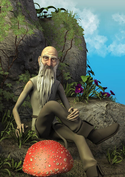 A fairytale scene with an elderly magician sitting in a stone throne surround by mushrooms. 