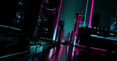Neon ışıkları tarafından aydınlatılmış bir cyberpunk şehrin bir animasyon.