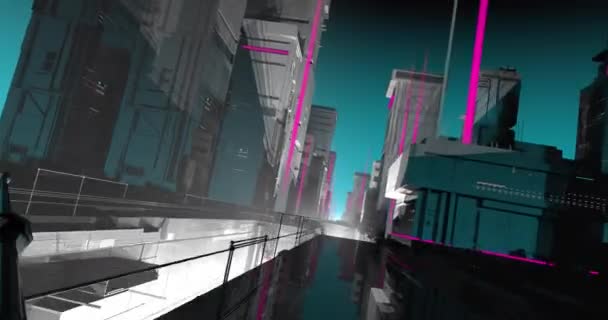 Animering Som Gjort Cartoonish Stil Runt Cyberpunk Stad — Stockvideo