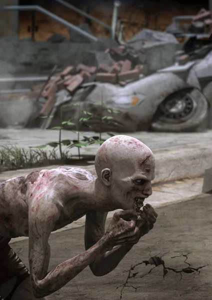 Retrato Cerca Zombie Aterrador Una Ciudad Destruida — Foto de Stock