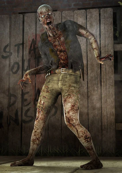 Portret Całego Ciała Zgniłe Zombie Ogrodzeniem Nim — Zdjęcie stockowe