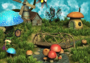 Mantar evler ile bir fantezi çayır.