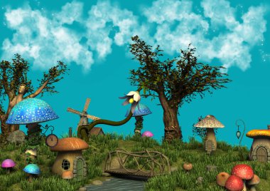 Bir güneşli gün sahne mantar'ın evler, ağaçlar, bir köprü ve küçük bir nehir bir fantezi çayır. 