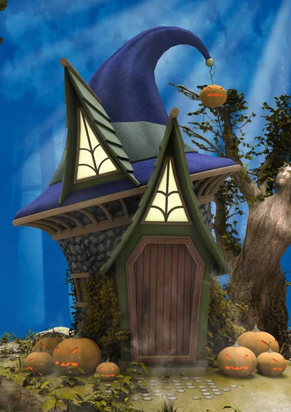 一个晚上的幻想场景 一个女巫的房子与帽子的形状在森林里 — 图库照片