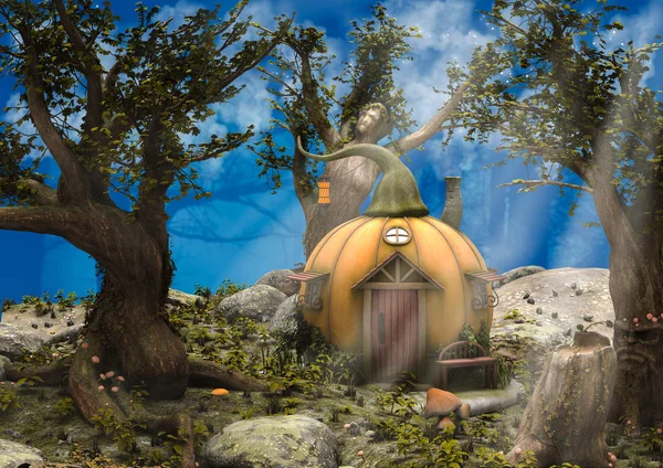 A fantasy scene of a forest with a house with the shape of a pumpkin.