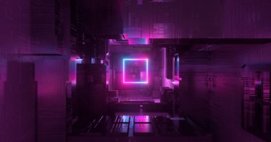 Neon ışıkları tarafından aydınlatılmış geometrik yapıları Sci-Fi-kurgu/futuristik bir sahne.