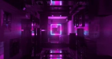 Neon ışıkları tarafından aydınlatılmış bir Sci-Fi-kurgu/futuristik geometrik yapıları içinde bir animasyon.
