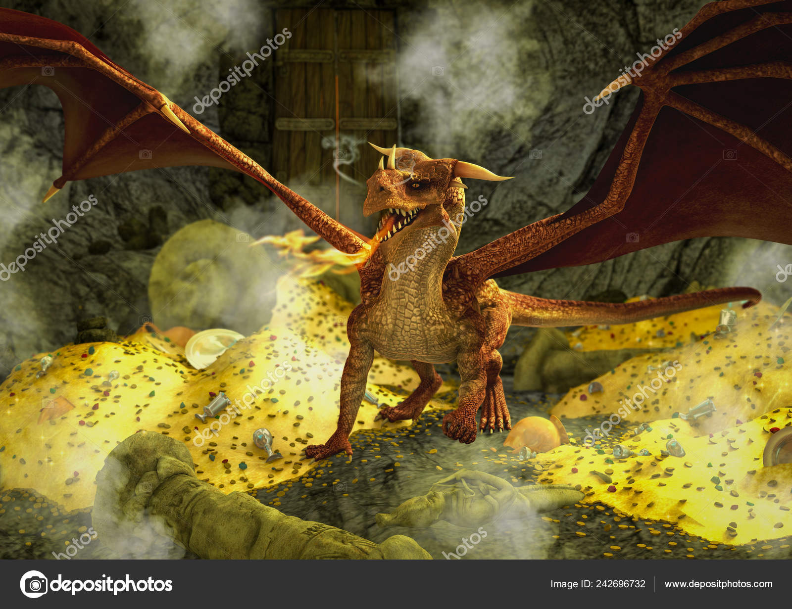 Fantasiscene Med Rød Drage Inde Hule Omgivet Guld Andre Skatte — Stockfoto  © daemon-barzai #242696732, image size:1600x1231