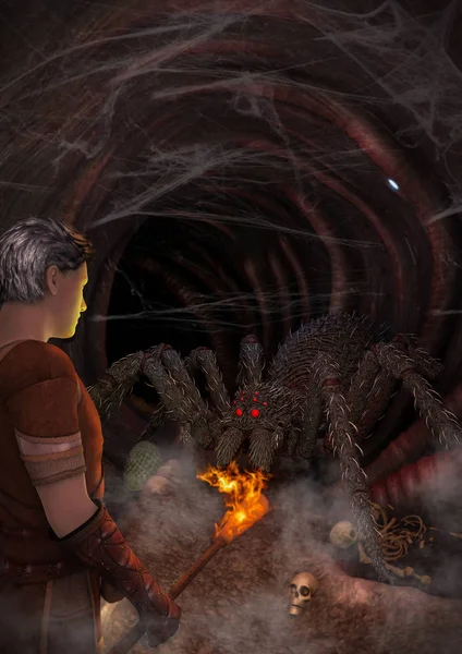 A man with a torch discovering a monstrous spider inside a dark cave.