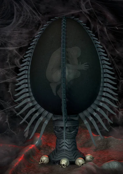 Людина Всередині Дивного Чужорідного Яйця Темній Печері Оточенні Павутини Черепів — стокове фото