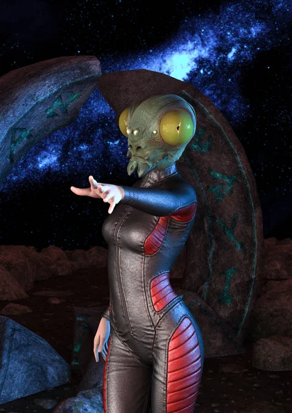 Portrait of a fantasy space girl with a fly head, dressing a spaceship bodysuit.