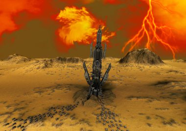 Bir uzay gemisi tabanı ile bir yabancı gezegenin bir fantezi sahne.