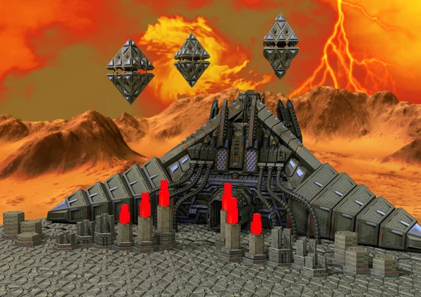 A scene of an alien planet with ufo hangar, and spaceships with pyramids shape.