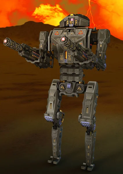 A scene of an alien soldier robot on a desert planet.