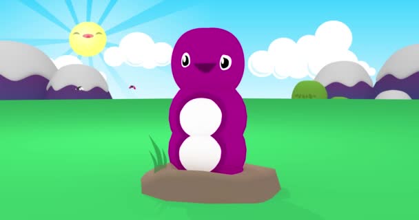 Cartoon Illustration Violet Little Creature Coming Out Hole Funny Sun — Stock Video