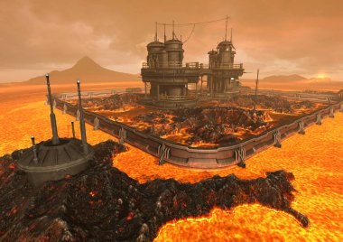 Lav ve yangın ile surround futuristik/Sci-Fi bina ile bir sahne.