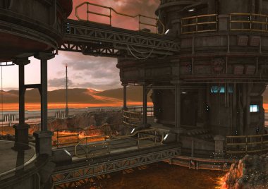 Lav ve yangınla dolu bir yerde köprü olan bir binanın yakın çekim görünümü.