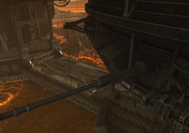 Lav ve yangın ile bir yerde bir köprü bir fantezi sahnesi.