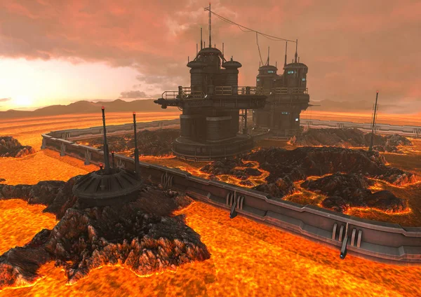 A scene with ground with lava, fire, and a fantasy building.