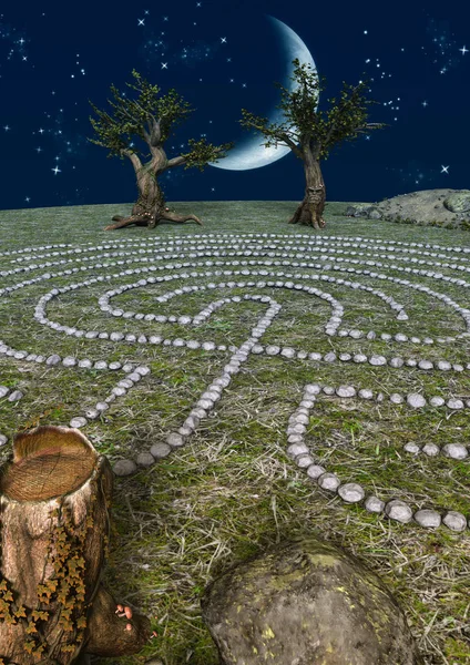 Noční Pohádkové Místo Kamenného Labyrintu Staré Stromy Obličeji Zářivý Měsíc — Stock fotografie