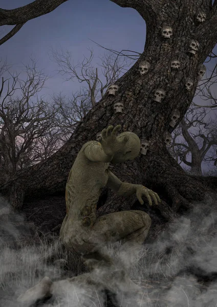 Tmavá Ilustrace Strašidelný Les Starým Stromem Lebkami Kostmi Lidskou Postavou — Stock fotografie