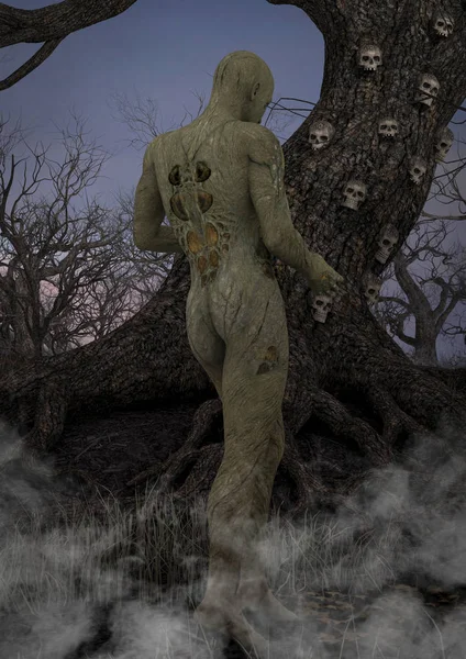 Tmavá Ilustrace Strašidelný Les Starým Stromem Lebkami Kostmi Lidskou Postavou — Stock fotografie