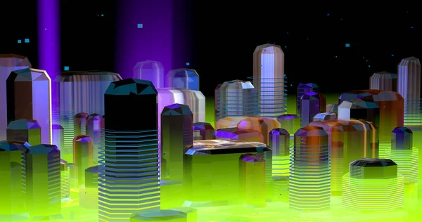 在紫罗兰色和绿光中 关于霓虹灯未来城市的场景 — 图库照片