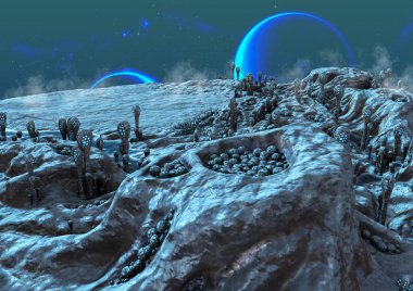 A fantasy scene of a frozen alien land, with blue moons behind.  clipart