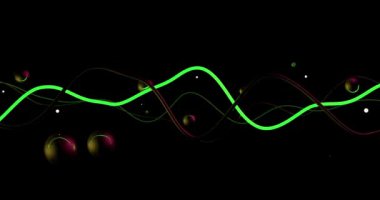 Siyah bir alanda renkli dalgalar ve küreler ile soyut bir arka plan Animasyon.