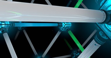 Siyah arka planda renkli ışık tüpleri bir sahne. 