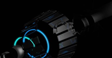 Siyah bir arka plan üzerinde neon ışık parlayan bir bilim-kurgu / kavramsal nesne.