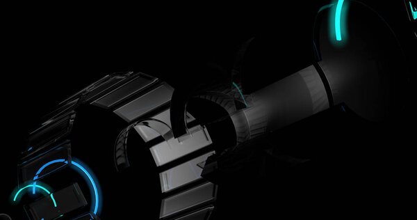 A sci-fi/conceptual object glowing in neon light on a black background.