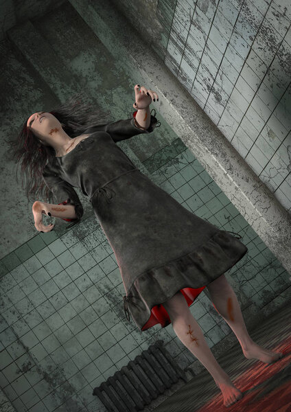Portrait of a demonically possessed girl inside a creepy asylum. 