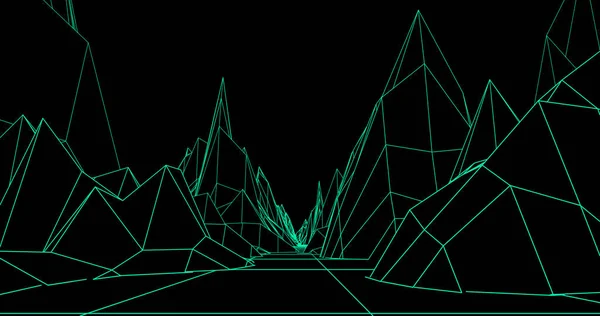 A retro backdrop video game style of green lines mountains in a black background.