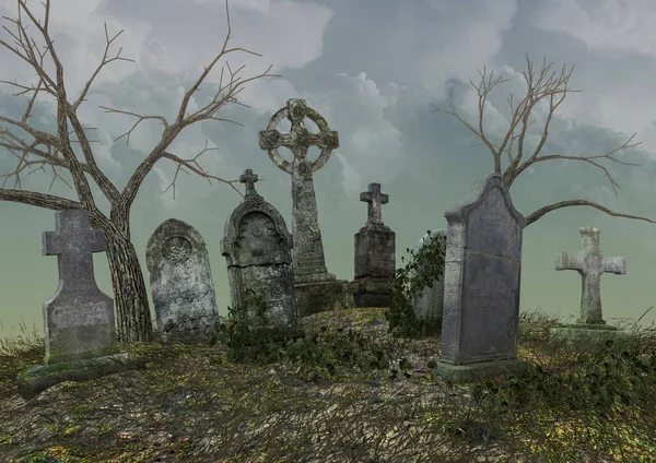 Scene of a creepy cemetery with abandoned tombs in a stormy day.