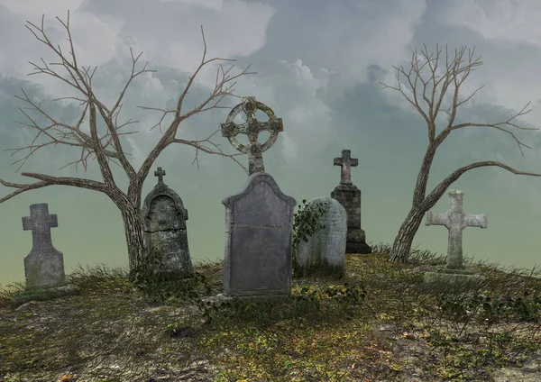 Scene of a creepy cemetery with abandoned tombs in a stormy day.