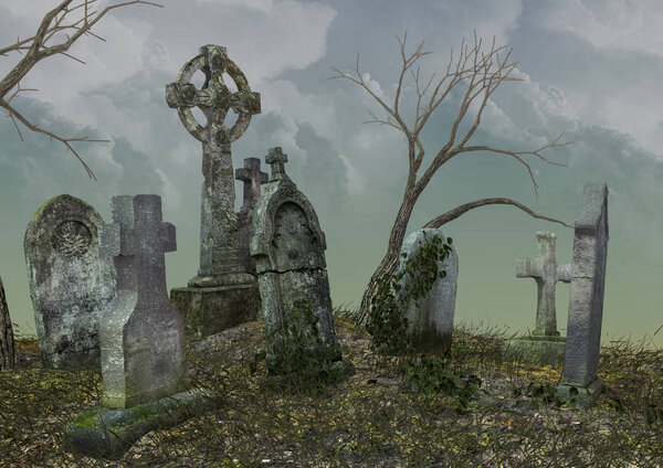 Scene of a creepy cemetery with abandoned tombs in a stormy day.