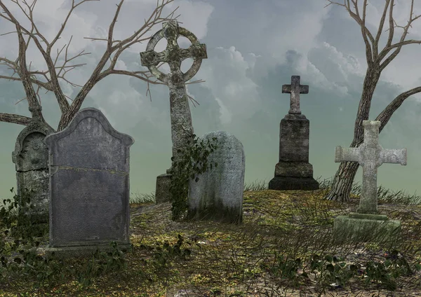 Escena Cementerio Espeluznante Con Tumbas Abandonadas Día Tormentoso — Foto de Stock