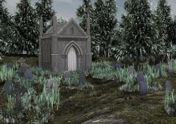 Mezarlar Mezar Taşları Ağaçlarla Çevreleyen Bir Anıtkabir Ile Terk Edilmiş — Stok fotoğraf