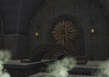 Garip yeşil duman ile boş bir fantezi zindan / tonoz.