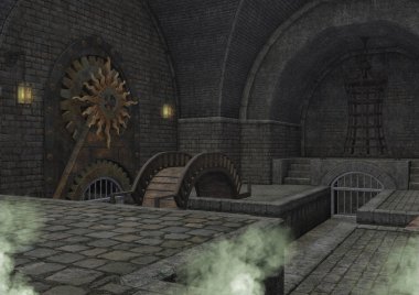 Garip yeşil duman ile boş bir fantezi zindan / tonoz.