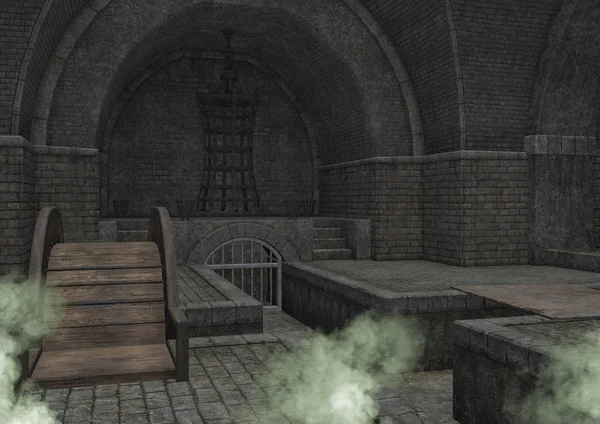 Garip yeşil duman ile boş bir fantezi zindan / tonoz.