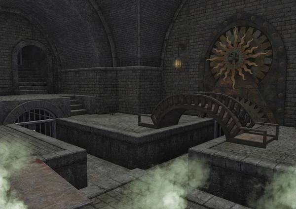 Garip yeşil duman ile boş bir fantezi zindan / tonoz.